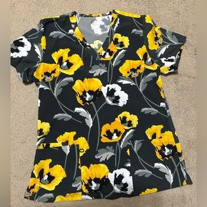 GT Performance Yellow, White and Gray Floral Scrub Top